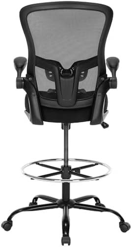 Ergonomic Drafting Chair – Tall Office Chair for Standing Desk, Adjustable Height Mesh Chair with Footrest and Flip-Up Arms, Counter Stool, Black