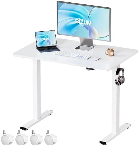 BIZUM 39.4" Small Electric Standing Desk Height Adjustable, Whole Piece Stand Up Computer Desk Work Study Writing Gaming Desks for Home Office White
