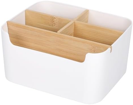 Segarty Desk Storage Box, Divided Bamboo Desktop Organizer, Pencil Holder, Detachable Pen Holder, Remote Control Holder, Cell Phone Box, Modern Wooden Desk Side Organizer for Office Home Accessories