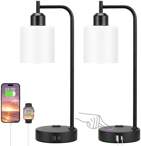 Industrial Touch Bedside Lamps for Bedrooms Set of 2 - 3-Way Dimmable Nightstand Lamps with USB C+A Ports and Outlet, Table Lamps with Opal Glass Shade for Living Room, Desk Lamps for Home Office