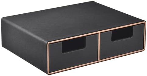 Linen Leather Desk Organizer and monitor stand with Drawers－Mini Desktop Drawer Organizer Stackable－Tabletop Organization Storage Box for Office Supplies Home Vanity Toiletries (Black, 2-drawers)