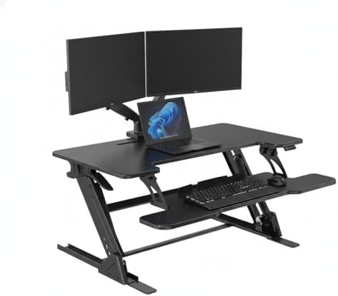 Sit and Standing Desk Converter 36x24 inches w/Dual Monitor Arms Mount - Height Adjustable Music Production Studio Workstation for Home Office