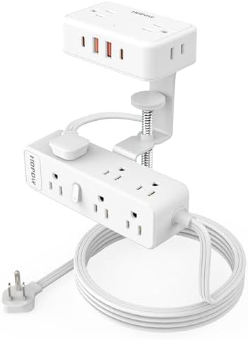 HOPOW Dual Layer Desk Clamp Power Strip, 13 Outlets 4 USB, 10FT Cord, White