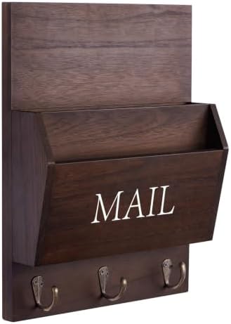 DLQuarts Solid Wood Mail Organizer with Key Holder for Wall, Mail Sorter Wall Mounted, Decorative Wooden Key and Mail Holder with 3 Hooks, Dark Walnut