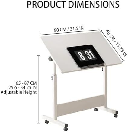Small Standing Desk, Foldable Stand Up Desk with Wheels Mobile Computer Table Adjustable Height Desktop Sit Stand Table Workstations for Small Spaces and Home Offices(White)