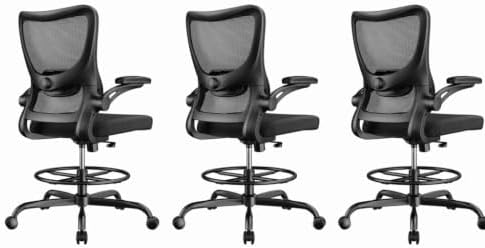 Marsail Drafting Chair, Tall Office Chair with 2D Lumbar Support, Standing Desk Chair with Padded Flip-Up Armrests & Adjustable Footrest Ring, Black,Pack of 3