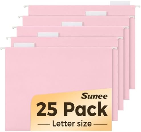 SUNEE 25 Pack Hanging File Folders, Pink Folders, Hanging File Folders Letter Size with 1/5-cut Tabs, Stay Organized for Your Home and Office Bulk File and Documents