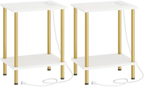 HOOBRO Side Table with Charging Station, Set of 2 End Tables with USB Port and Outlets, Nightstand with 2-Layer Storage Shelves for Small Spaces, Living Room, Bedroom, White and Gold DW09UBZP201