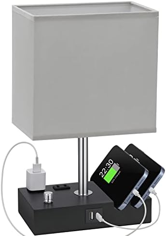 Grey Table Lamp for Bedroom - Stepless Dimmable, USB C+A, 2 AC Outlets