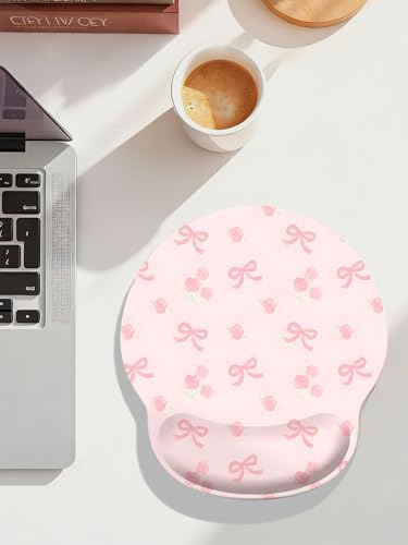 Seorsok Pink Ribbon Bow&Blooming Rose Mouse Pad with Gel Wrist Support Mouse Pad,Ergonomic Aesthetic,Comfort Mousepad for Office Work Computer,Pain Relief Mousepad with Non-Slip Silicone Base,Pink Bow