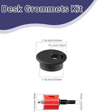 Desk Grommet & Cable Grommet 1-3/8 Inch (10 Pack) - Black Cord Hole Cover with Hole Cutter - Cable Management Kit for Office Desk, TV Stand, Workstation - Hide Wires Behind Wall, Cable Pass Through