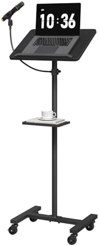 MAHANCRIS Podium Stand with Microphone Stand, Standing Desk and Laptop Desk with Storage Tray, 28.9-42.7 Inch Adjustable Height Portable Lectern for Classroom, Conference Room, Black LPBK4001