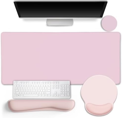 LIMKRIAN Pink Desk Mat Set, Mouse Pad with Wrist Rest & Keyboard Support