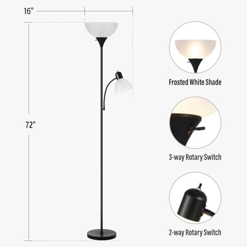 HonoDing Adjustable Black Floor Lamp with Reading Light Susan Modern Standing Lamp for Living Room/Office Lamps 72" Tall - 150-watt with Side Reading Light Corner Lamps (Black)