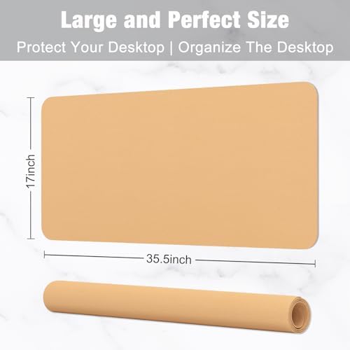 Hsurbtra Desk Pad, 35.5" x 17" PU Leather Desk Mat, XXL Extended Mouse Pad, Waterproof Desktop Blotter Protector, Non-Slip Ultra Thin Large Laptop Keyboard Writing Mat for Office Home, Earth Yellow