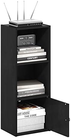Furinno LUDER Book Shelf, 3-Tier Modern Bookshelf, Bookcase with 1 Door Storage Cabinet, 9.3 x 12 x 31.5, for Organization and Storage, for Living Room, Bedroom, Home Office, Blackwood