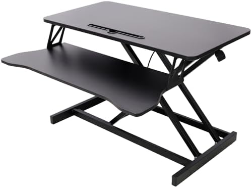 Height Adjustable Standing Desk Converter, White, MDF Steel Frame, 31.5x17 Inch Desktop, Gas Spring Lift System, Keyboard Tray, Sit Stand Workstation, 44 lb Capacity (Black)