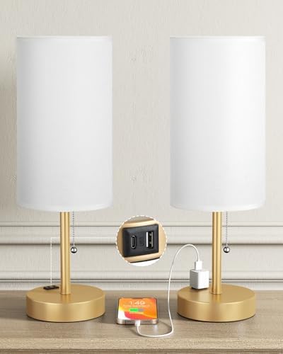 17.4" Gold Bedside Table Lamps Set of 2 - Bedroom Lamp, USB C+A, AC Outlet