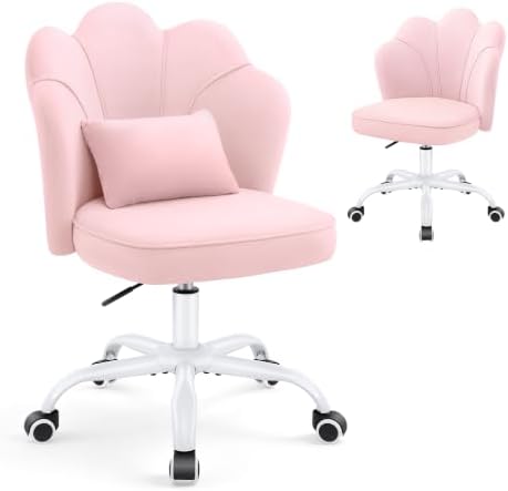 Vanity Chair with Wheels, Swivel Velvet Makeup Desk Chair, Pink