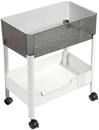 2 Tier Rolling Cart with Wheels for Under Desk Storage, Heavy Duty Plastic Short Small Utility Cart for Small Space Bathroom Vanity Makeup Organizer Pantry, 4.7'' Deep Baskets for Tall Bottles