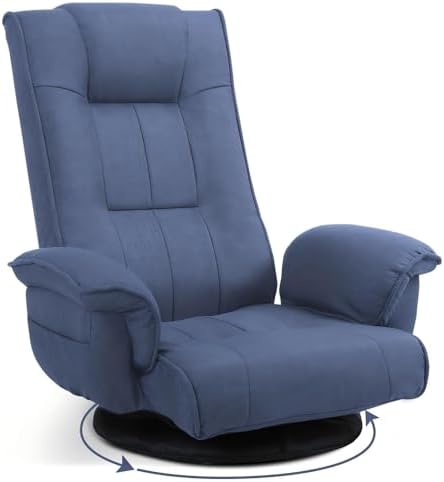 Ergonomic Swivel Floor Gaming Chair with Armrests & Side Pockets, 6-Position Reclining Sofa Bed, Foldable Padded Lounger with Thick Cushion & Lumbar Support for Esports, Reading, TV Watching, Blue