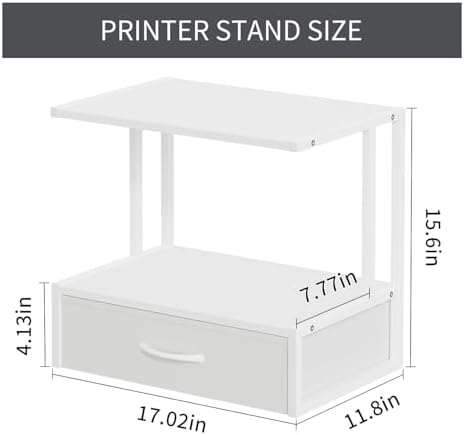 Printer Stand with Storage for Desk, with Fabric Drawer Desktop Printer Stand Shelf Organzier for Home Office, for Above and Under Desk Printer Table, Fax Machine Copier Scanner, White