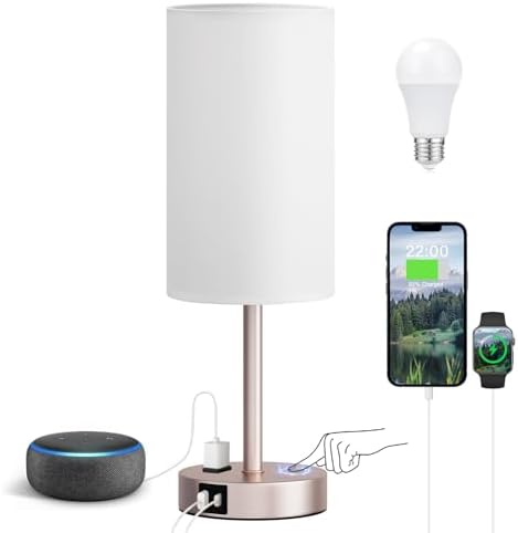 17.4" Antique White Lamp for Bedroom - Dimmable Touch, USB A+C, AC Outlet