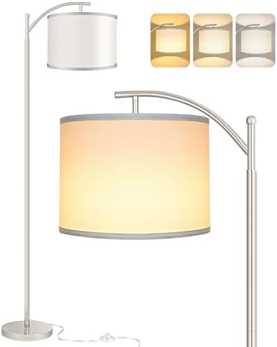 Floor Lamp for Living Room with 3 Color Temperatures LED Bulb, Standing Lamp Tall Industrial Floor Lamp Reading for Bedroom, Office (9W LED Bulb, White Lampshade Included) -Silver