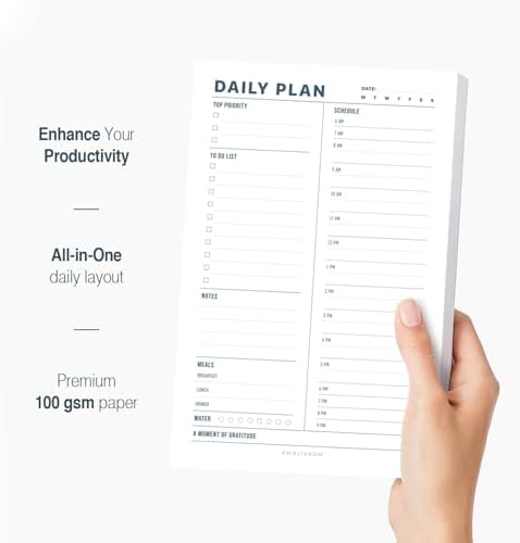Daily Planner Notepad, 5.5 x 8.5" Tear-Off Pad – 70 Undated Sheets Focus-Enhancing Desktop Organizer with Hourly Schedule, To-Do List for Work, School (White, Minimalist, 1 Pack)