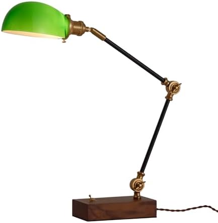 Vintage Green Glass Solid Wood BLack Gold Adjustable Swing Arm Desk Lamp
