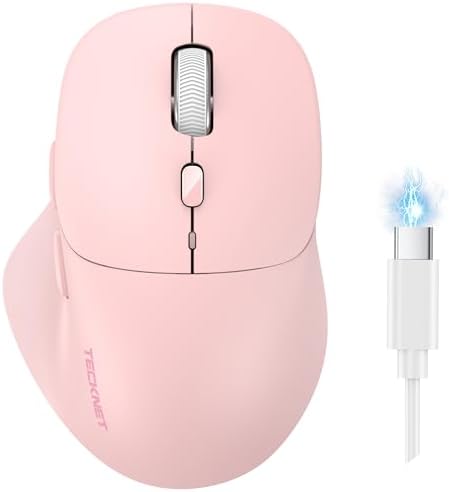 TECKNET Wireless Mouse Bluetooth 5.0/3.0 & 2.4G Rechargeable, Silent Clicks, Adjustable 4800 DPI, 6 Buttons, Ergonomic Design, Bluetooth Mouse for Laptop, Computer, ipad - Pink