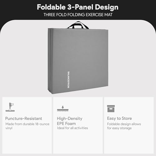 BalanceFrom 6x2 Feet 3-Panel Folding Gymnastics Mat – 2-Inch Thick Pad with Vinyl Surface and Carrying Handles for Tumbling, Yoga, Pilates, Home Workouts, and Martial Arts