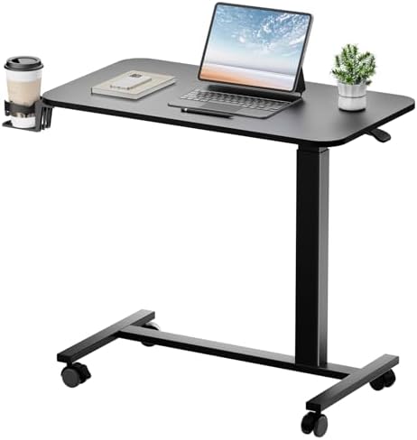 GTPLAYER Small Standing Desk with Lockable Wheels, Pneumatic Mobile Rolling Laptop Desk,Adjustable Height Overbed Bedside Table Computer Workstation for Home Office (32" W x 18" D, Black)