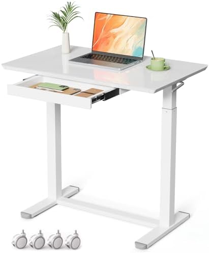 Gibbon Mounts 32inch Glass Standing Desk, Small Rolling Table with Drawer
