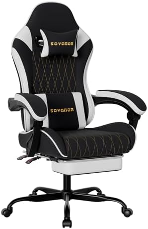 Breathable Fabric Gaming Chair with Footrest, Ergonomic High Back Computer Chair with Gold Diamond Stitching, Height Adjustable Swivel Office Chair with Lumbar Support for Adults,Blackwhite