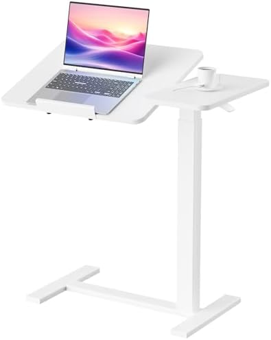 DUMOS Adjustable Bedside Overbed Table with Wheels, White