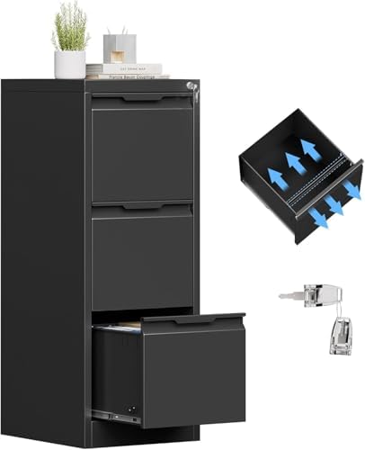 3 Drawer File Cabinet with Lock,Metal File Cabinet for Home Office,Black Vertical Filing Cabinets Heavy Duty Office Storage Cabinets for Letter/Legal/A4/F4 Size File, Assembly Required