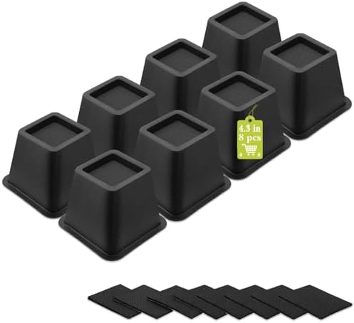 8 Pack Furniture Risers 4 Inch, Bed Risers Heavy Duty for Table Desk Couch Chair Sofa Cabinet Bed Frame Dorm, Square Table Leg Risers Lift Height 4.3", Black