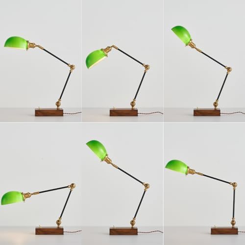 Vintage Green Glass Solid Wood BLack Gold Adjustable Swing Arm Desk Lamp