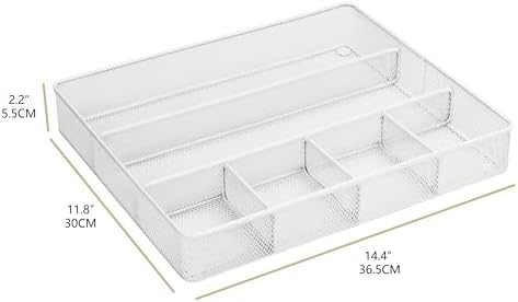 Annova Desk Top Organizer Tray for Office Organization - Metal Mesh - Storage Tray with Dividers for Pens, Desktop Accessories, Bathroom, Kitchen, Makeup and Office Supplies (Large, White)