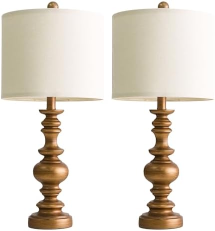 BOBOMOMO 24" Traditional Lamps Set of 2 – Antique Gold Bedside Lamps with Linen Shades, Elegant Medium Farmhouse Lamps for Living Room, Bedroom, and Hallway, Ideal for Warm, Cozy Spaces