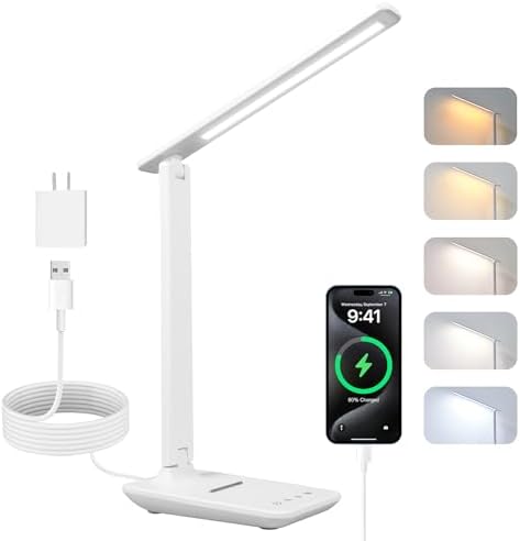 Carehabi LED Desk Lamp, Dimmable Table Lamp with 5 Colors and 5 Brightness Levels, Reading Light with USB Charging Port, Touch Control for Children, Bedroom, Reading, Offices