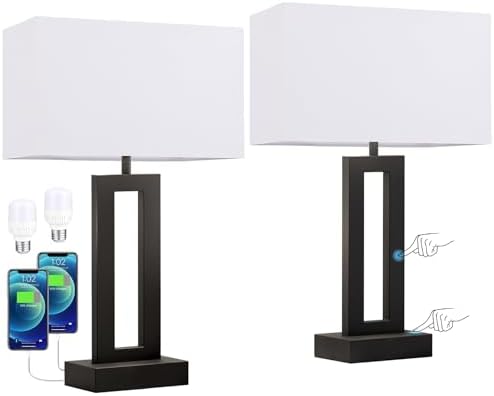 Nightstand Table Lamps for Bedrooms Set of 2 - Touch Bedside Lamp with USB C+A, 3 Way Dimmable Living Room Lamps for End Tables Set of 2, Modern Night Stand Lamps for Bed Side Guest Room(White)