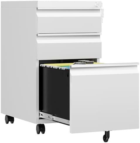 3 Drawer Mobile File Cabinet with Lock, Rolling File Cabinets for Home Office, Under Desk Small File Caninet on wheels, Metal Vertical White Filing Cabnet for Legal/Letter/A4 - Assembly Required