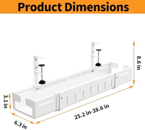 Under Desk Cable Management Tray, Expandable Length 25.2"-38.6",No Drill No Damage to Desk,Cable Tray with Clamp for with Wire Management,for Cord Organizer for Home Office Standing Desk, White