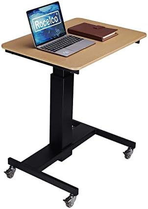 Rocelco 28" Height Adjustable Mobile School Standing Desk - Quick Sit Stand Up Home Computer Workstation - Gas Spring Assist Office Laptop Riser Cart - Wood Grain (R MSD-28)