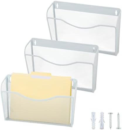 EASEPRES 3 Single Pocket Mesh Hanging File Organizer, Vertical Wall Mounted Magazine File Holder, Mount Basket Mail Paper Document Folder Organizing for Office, Home and School, White