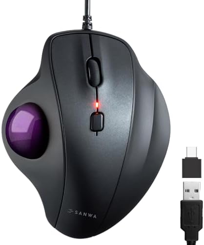 SANWA Wired Trackball Mouse, USB-C/A, Silent Clicks, Programmable, Purple