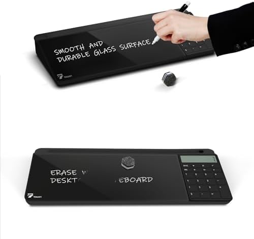TOWON Glass Desk Whiteboard with Calculator 17x6 in, Desk Organizer, Black
