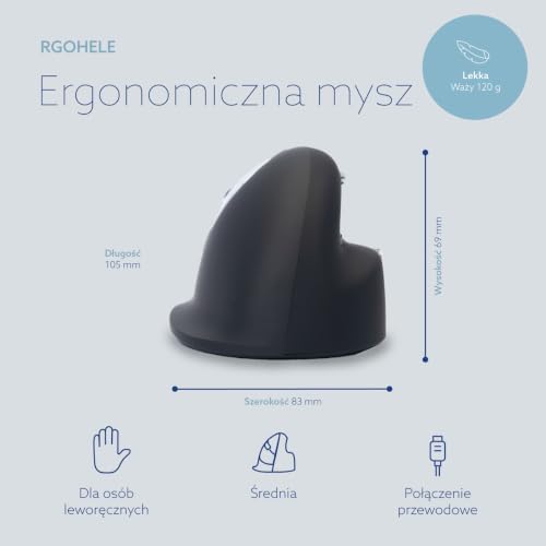 R-Go HE Vertical Ergonomic Mouse, for Left Handed, with Break Software, USB-C/A Wired, Prevents Tennis Elbow/Mouse Arm RSI, Silent Click, 5 Buttons, Compatible Windows/Mac OS, Black/Silver